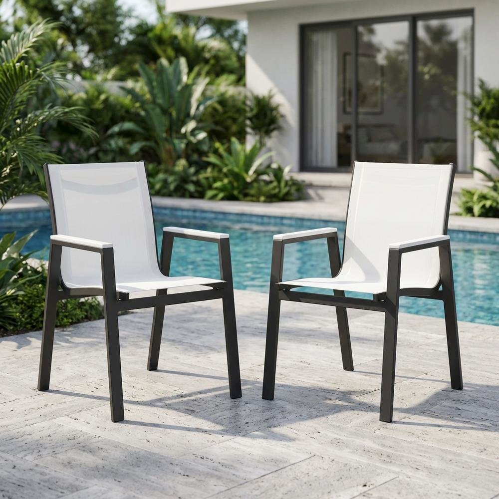 Outdoor Patio Dining Armchairs Set Of 2 In White Mesh Fabric, Contemporary Style. Picture 3
