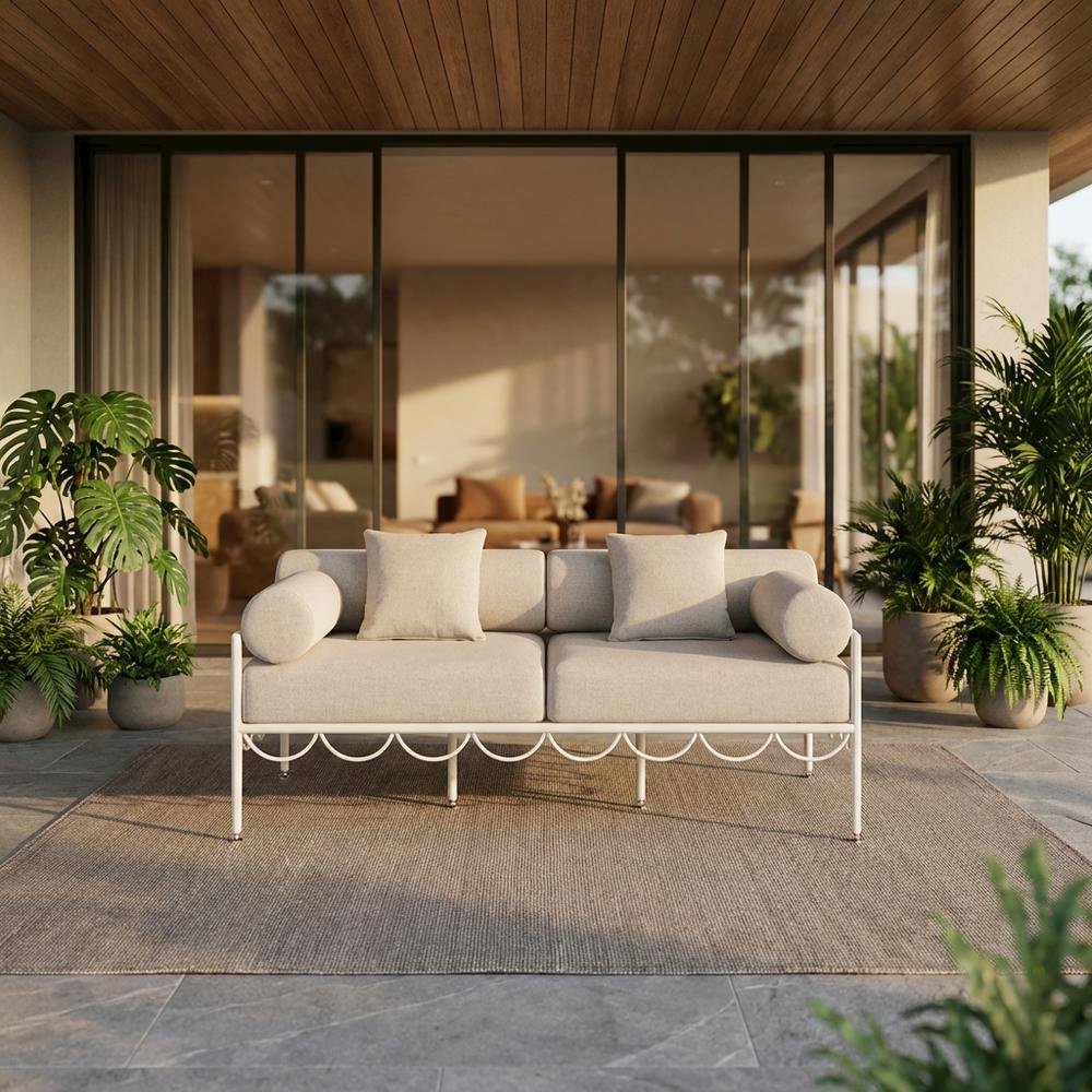Beige Water-Resistant Fabric Outdoor Loveseat With Cushioned Seat. Picture 2