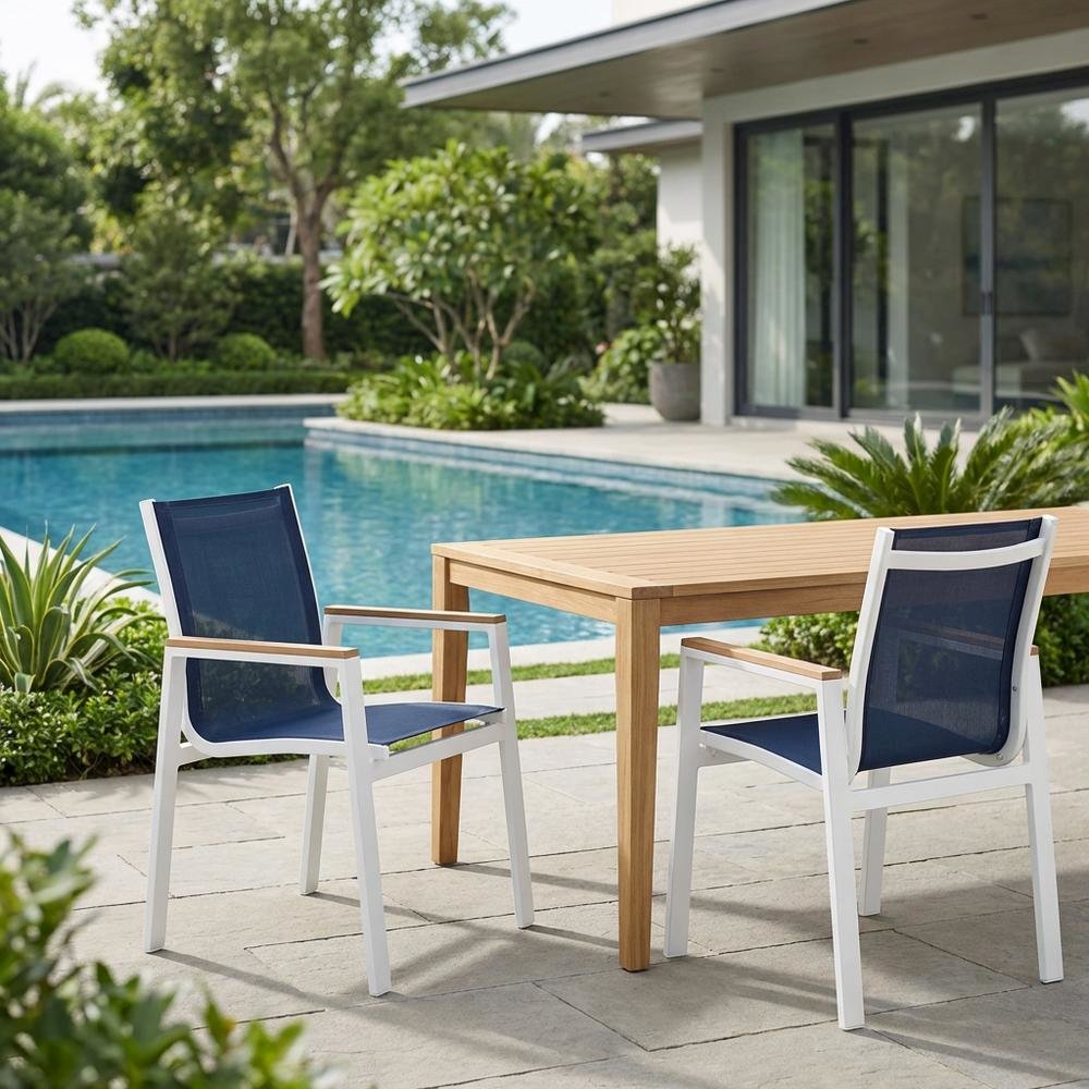 Navy Mesh Fabric Outdoor Dining Arm Chairs Set Of 2 With Cushioned Seats. Picture 3