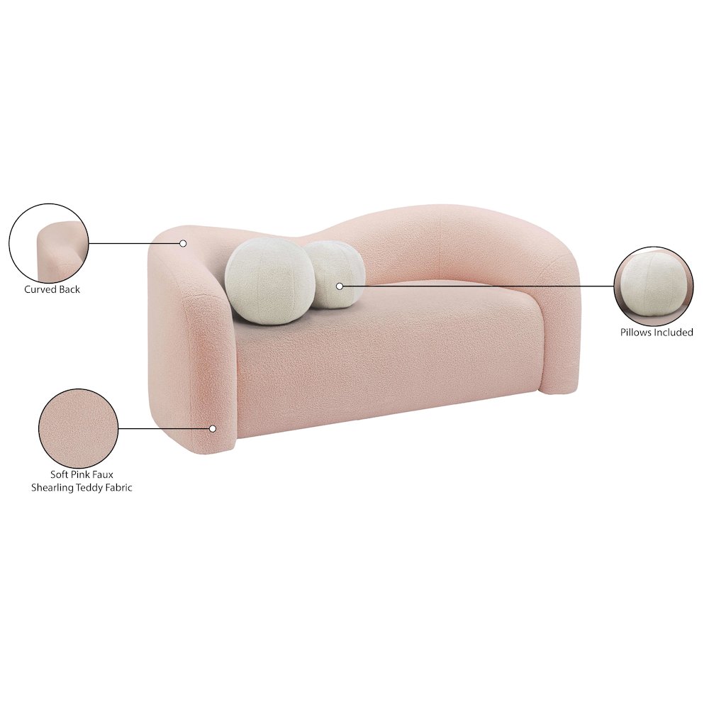 Kali Pink Faux Shearling Teddy Fabric Loveseat. Picture 15