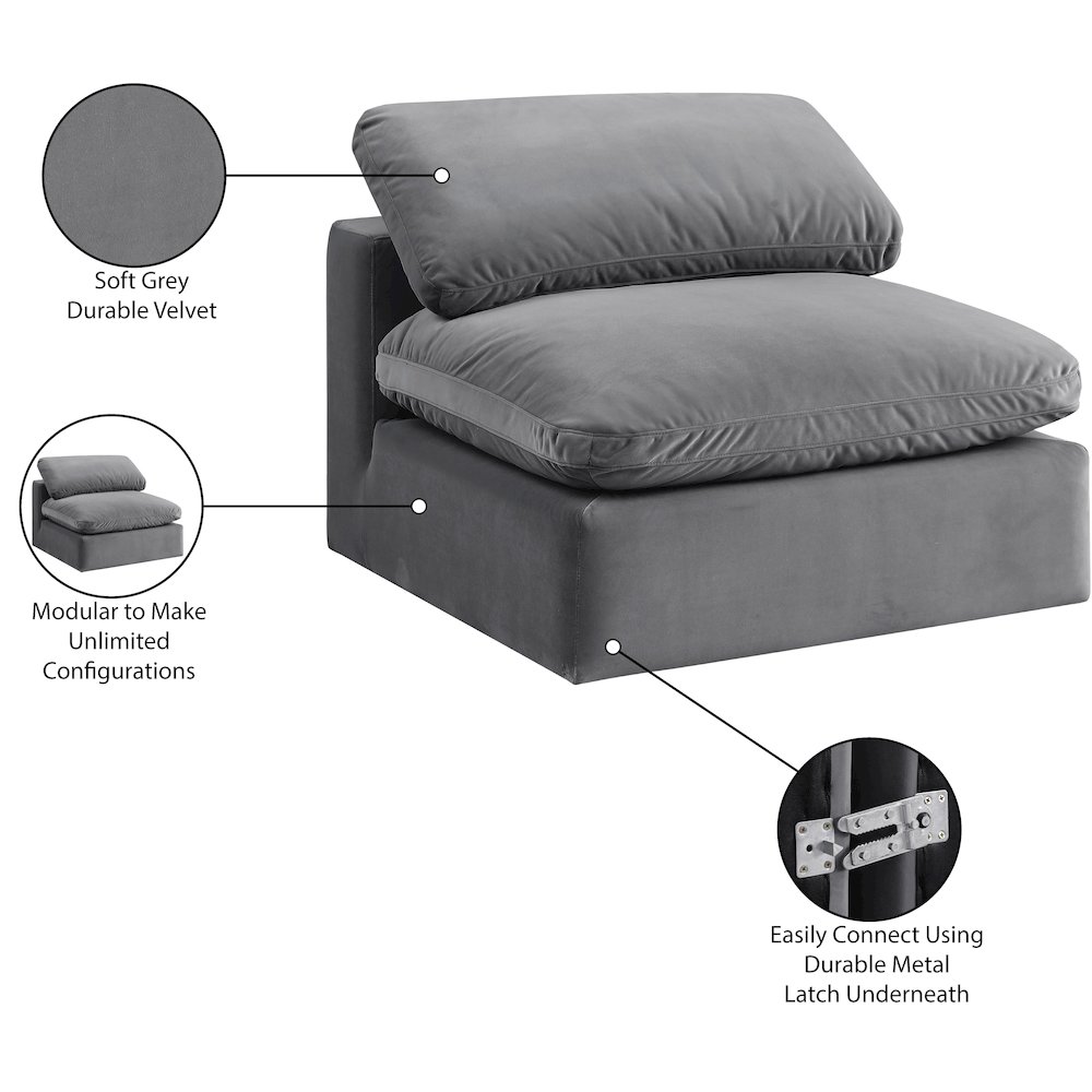 Comfy Grey Velvet Modular Armless Chair. Picture 11