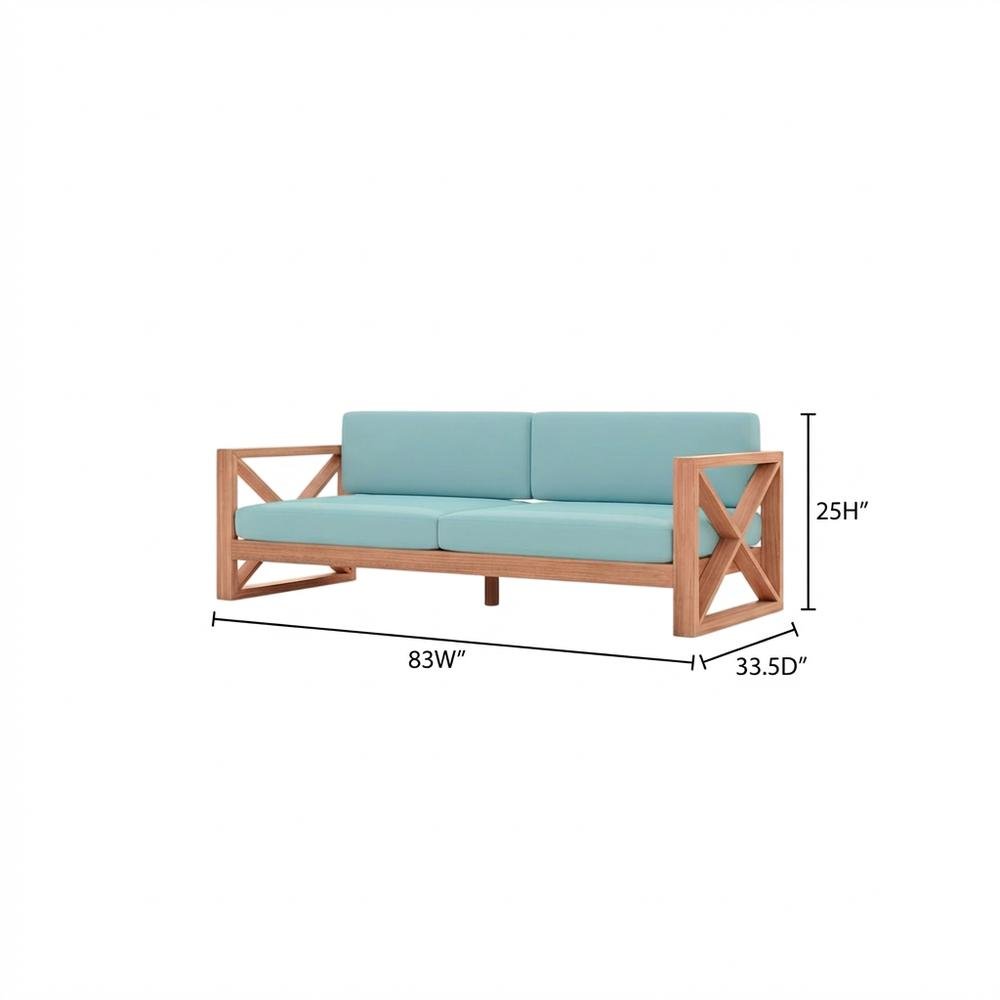 Blue Fabric Outdoor Sofa With Natural Teak Finish And Cushioned Seat. Picture 7