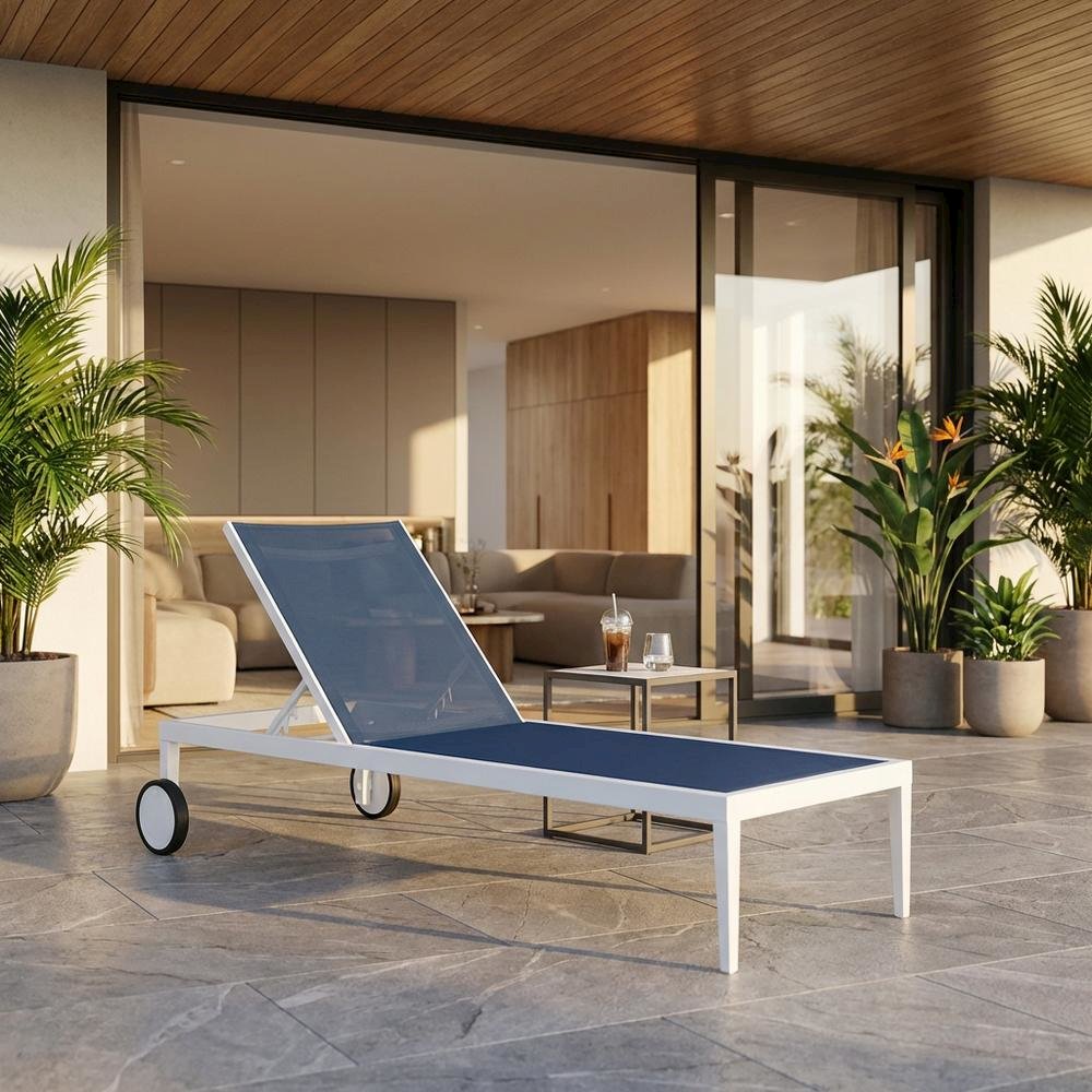 Navy Mesh Fabric Outdoor Lounge Chair, Contemporary Design, Cushioned Seat. Picture 2