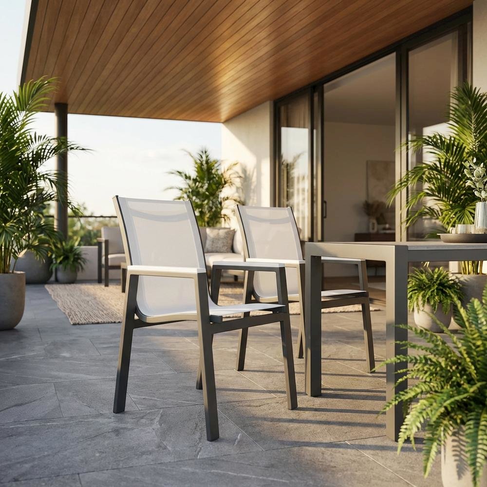 Outdoor Patio Dining Armchairs Set Of 2 In White Mesh Fabric, Contemporary Style. Picture 2