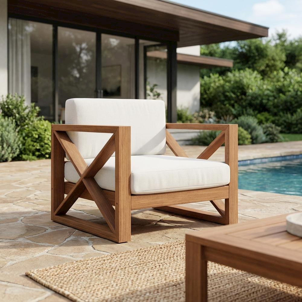 White Fabric Outdoor Chair With Pillow, Finish, Contemporary Style. Picture 3
