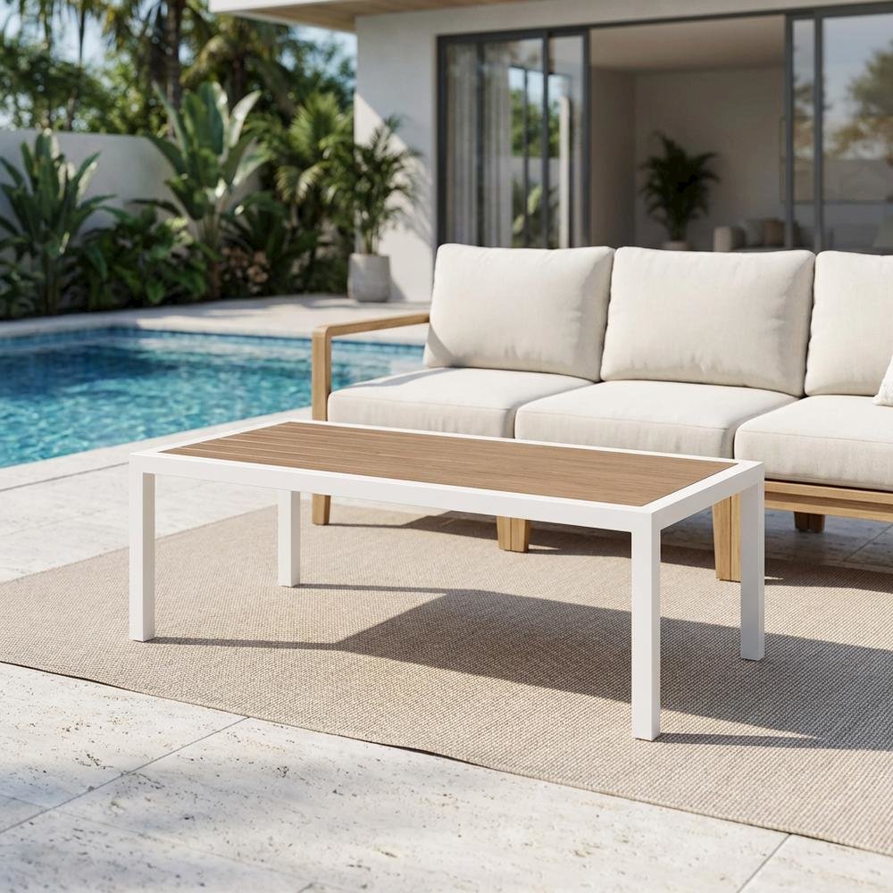 Brown Wood Look Accent Outdoor Patio Aluminum Coffee Table, Contemporary. Picture 3