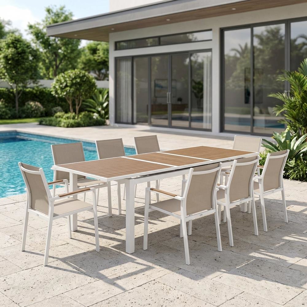 Brown Wood Look Outdoor Patio Dining Table, Adjustable Width, Contemporary Style. Picture 3