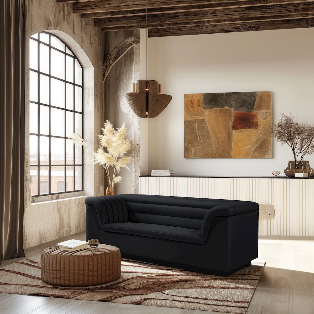 Cascade Black Velvet Fabric Loveseat. Picture 2