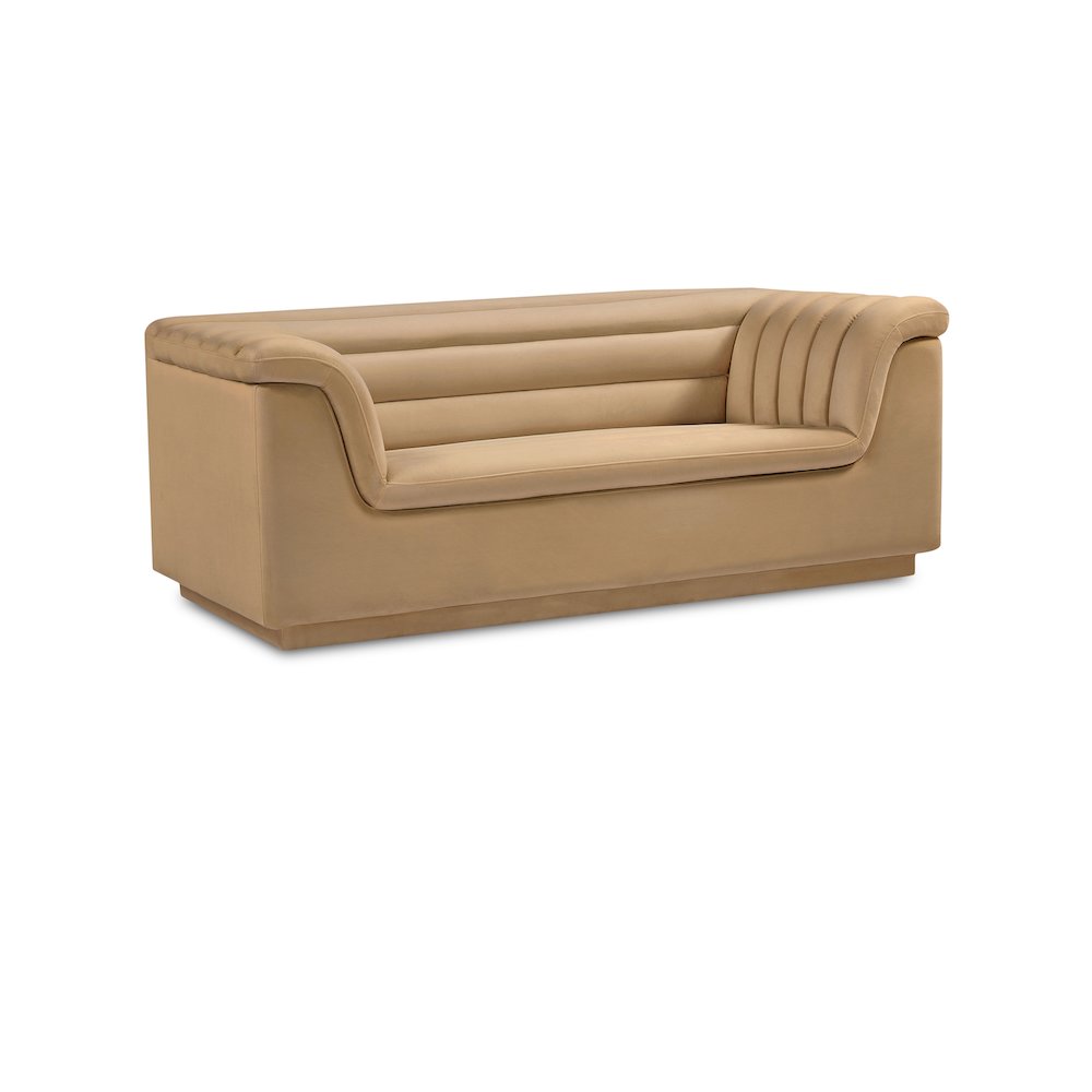 Cascade Camel Velvet Fabric Loveseat. Picture 1
