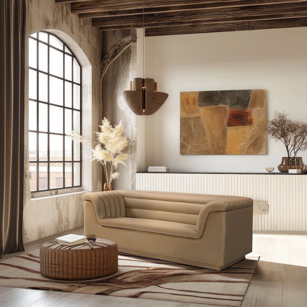 Cascade Camel Velvet Fabric Loveseat. Picture 2