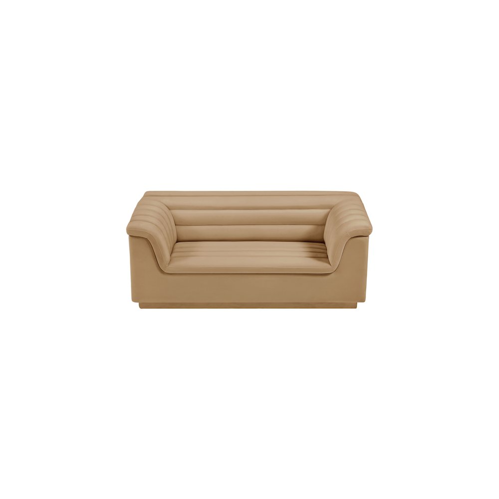 Cascade Camel Velvet Fabric Loveseat. Picture 6