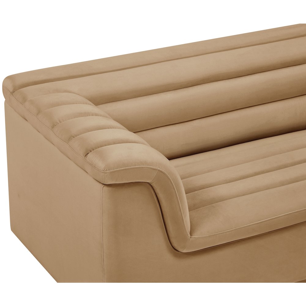 Cascade Camel Velvet Fabric Loveseat. Picture 9