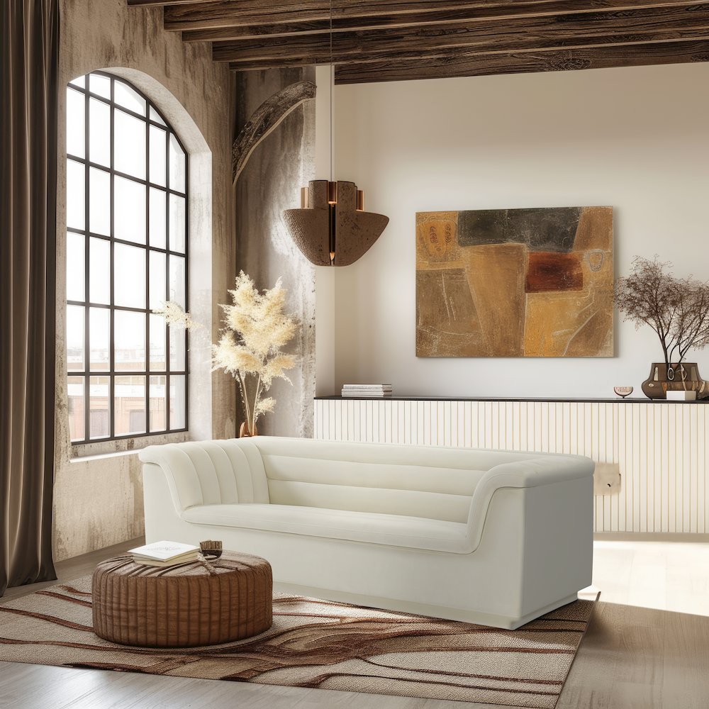 Cascade Cream Velvet Fabric Sofa. Picture 2