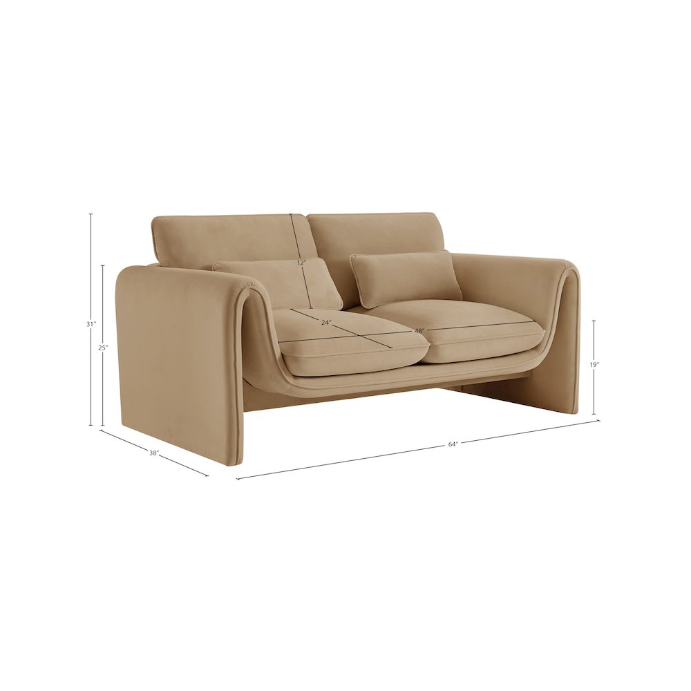 Sloan Camel Velvet Fabric Loveseat. Picture 16