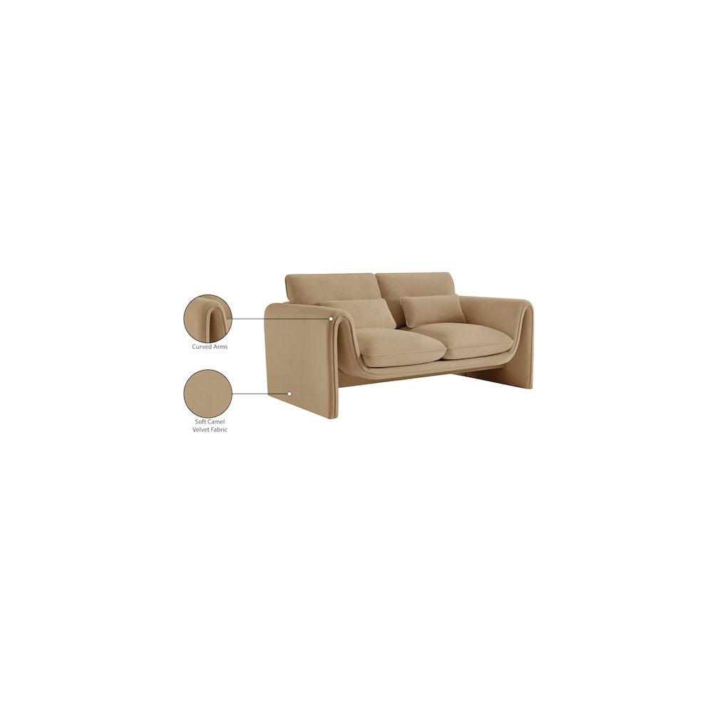 Sloan Camel Velvet Fabric Loveseat. Picture 17