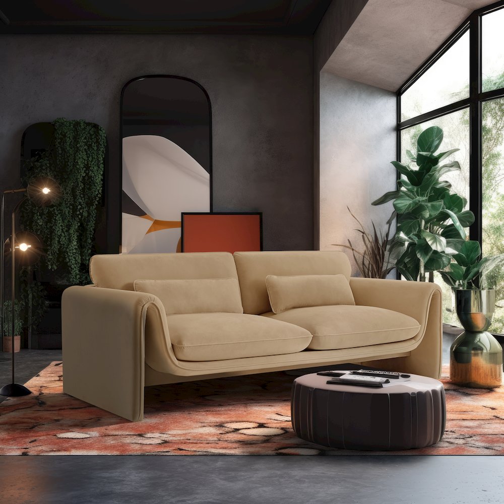 Sloan Camel Velvet Fabric Sofa. Picture 2