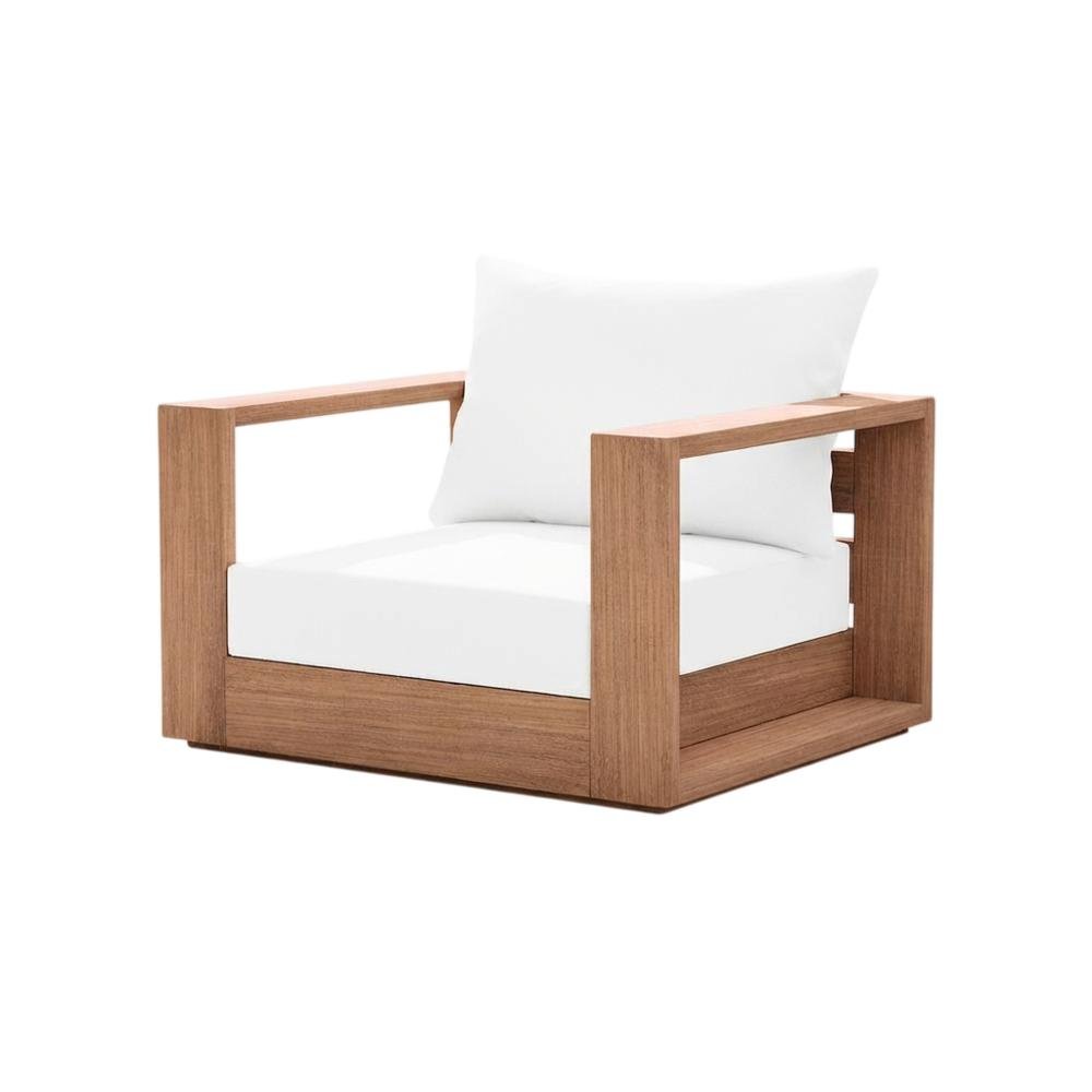 Contemporary White Fabric Outdoor Chair With Pillow And Finish - Natural Teak. Picture 1