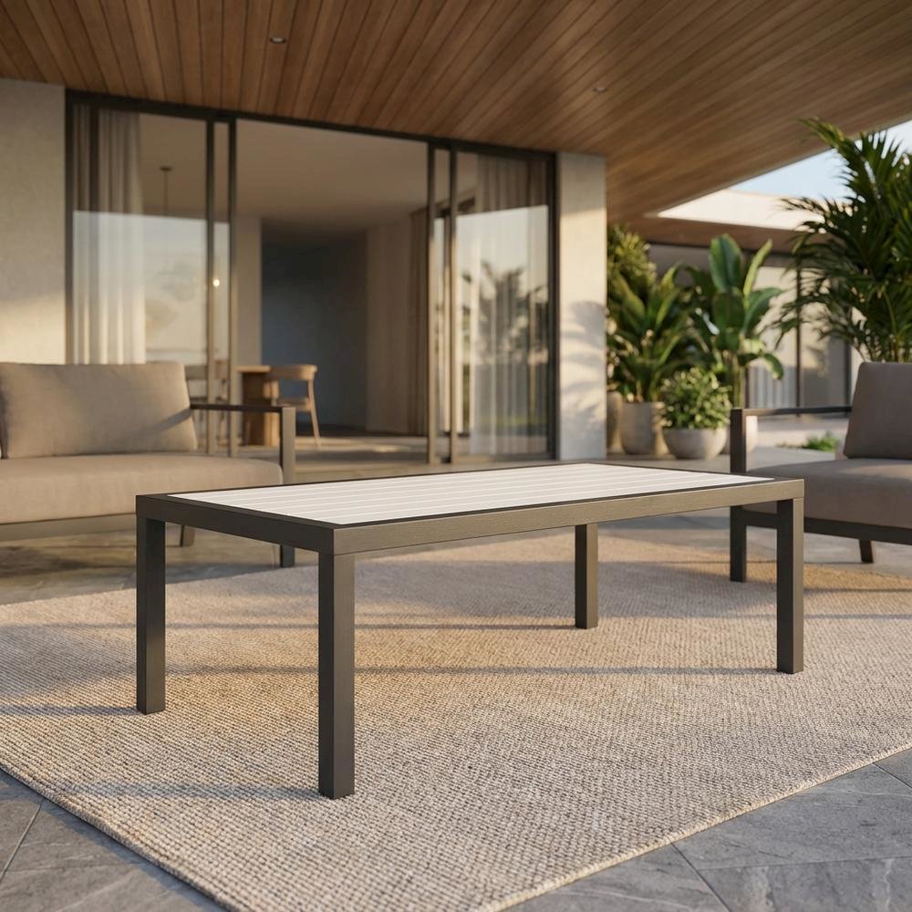 White Wood Look Accent Paneling Outdoor Patio Aluminum Coffee Table. Picture 2