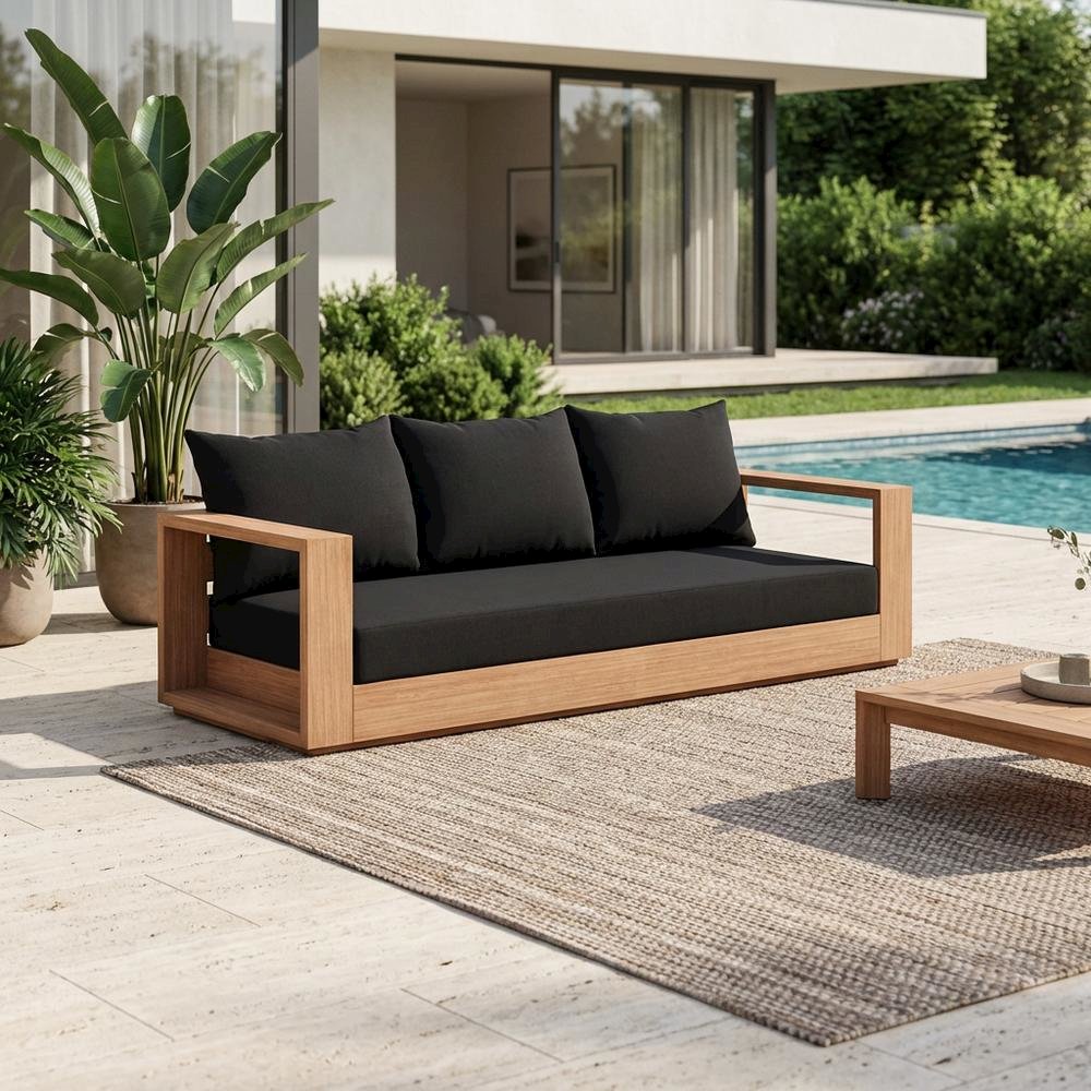 Contemporary Black Fabric Outdoor Sofa With Cushioned Seating And Pillow. Picture 3