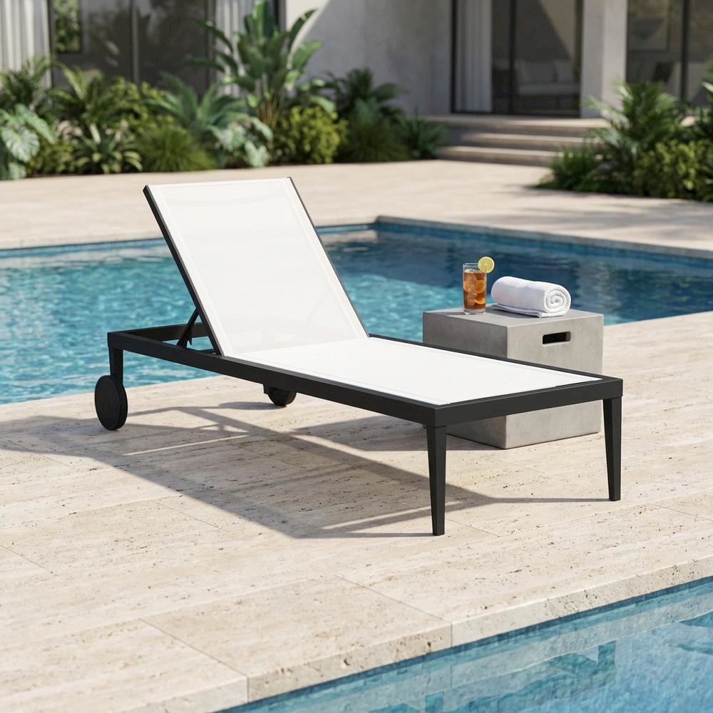 White Mesh Fabric Outdoor Lounge Chaise With Modern Design And Cushioned Seat. Picture 3
