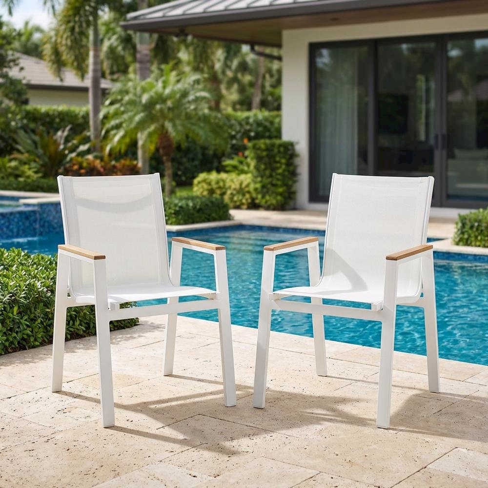 White Mesh Fabric Outdoor Patio Dining Armchair Set Of 2 With Contemporary Style. Picture 3