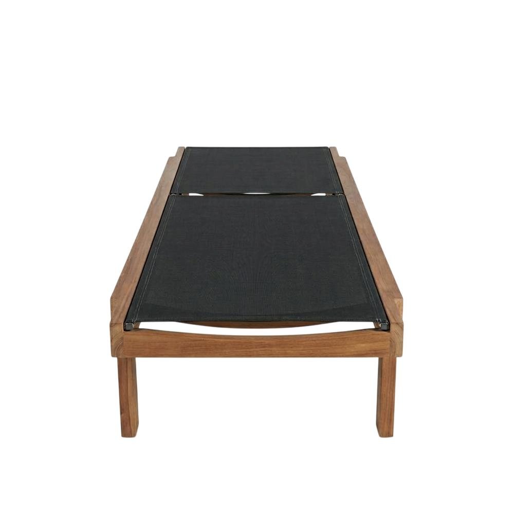 Outdoor Patio Lounger With Black Fabric, Contemporary Design, Teak Finish. Picture 4