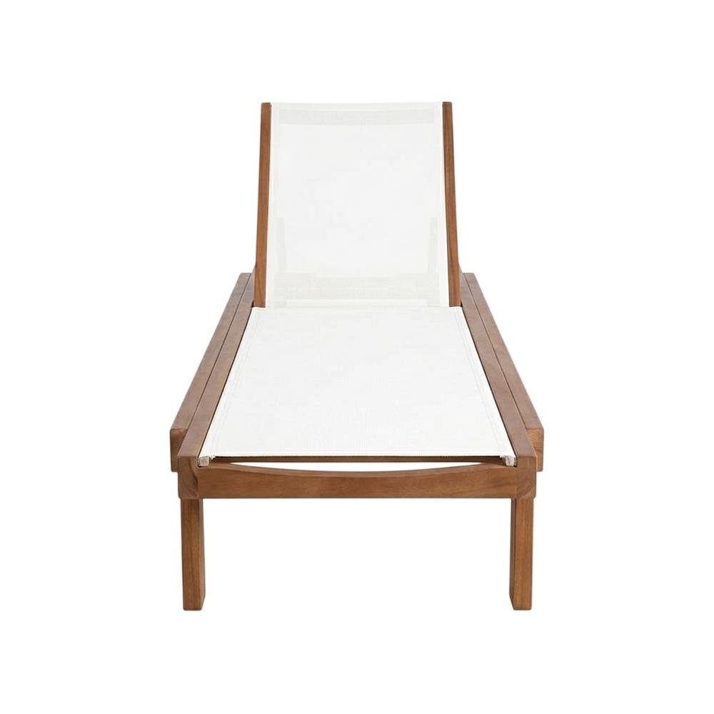 White Fabric Outdoor Lounge Chair With Teak Finish For Patio Relaxation. Picture 4