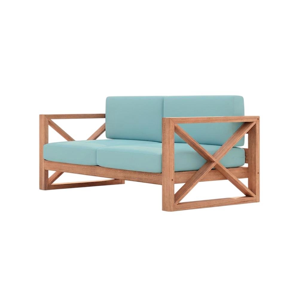 Blue Fabric Outdoor Loveseat With Pillow And Light Finish. Picture 1