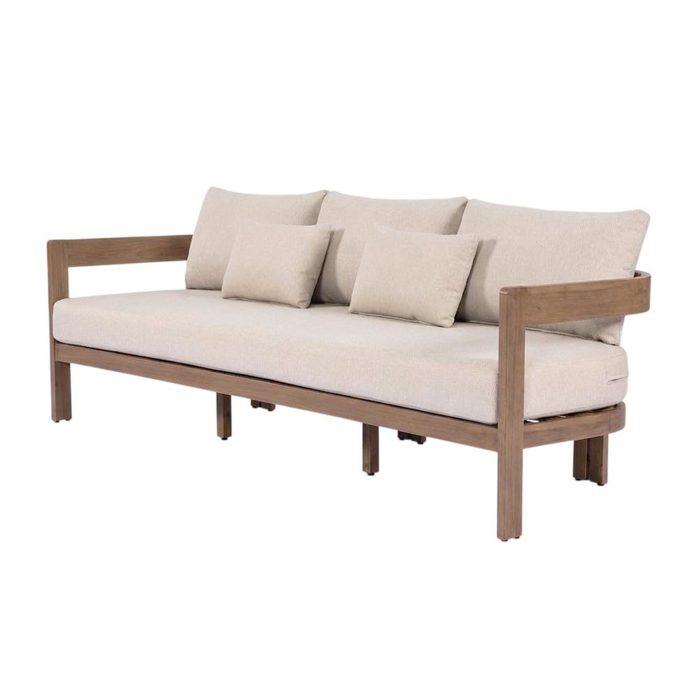 Beige Fabric Upholstered Outdoor Patio Sofa With Cushioned Seat And Pillow. Picture 1