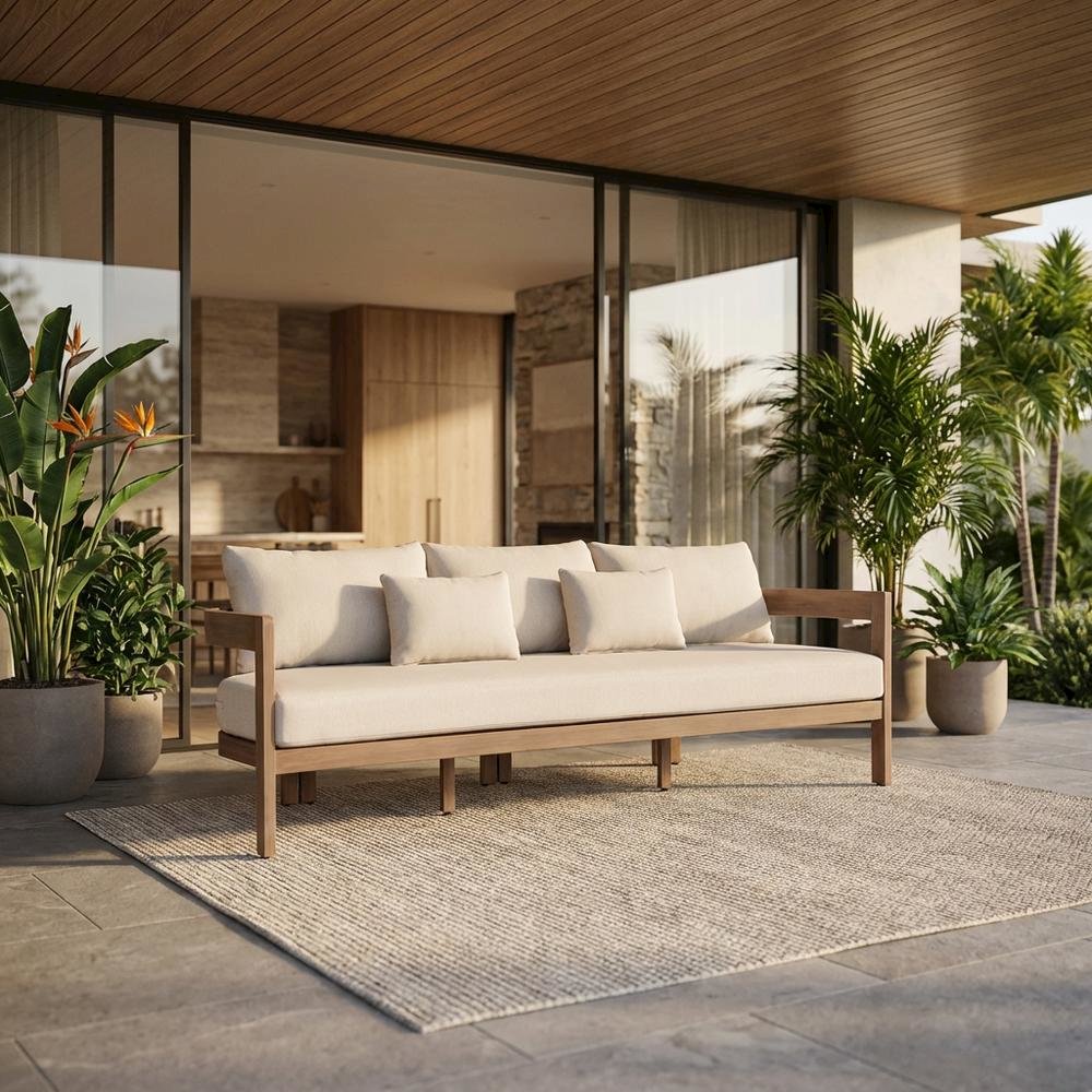 Beige Fabric Upholstered Outdoor Patio Sofa With Cushioned Seat And Pillow. Picture 2