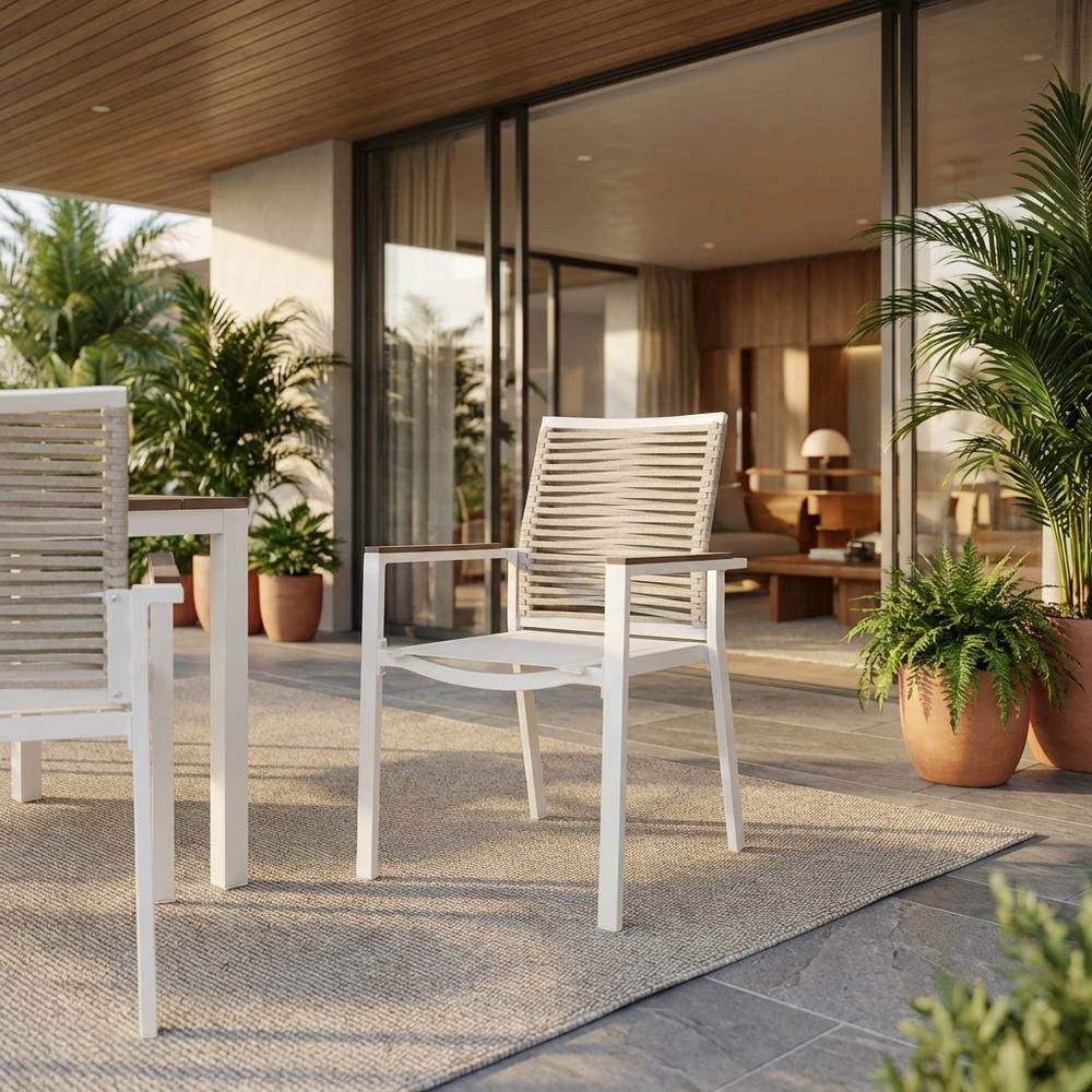 Beige Rope Fabric Outdoor Patio Dining Arm Chairs Set Of 2, Contemporary Style. Picture 2