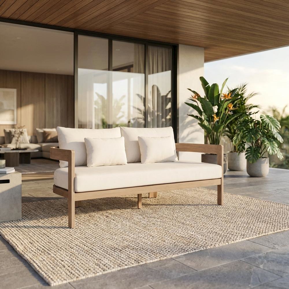 Cream Fabric Outdoor Loveseat with Cushioned Seat and Contemporary Style. Picture 2