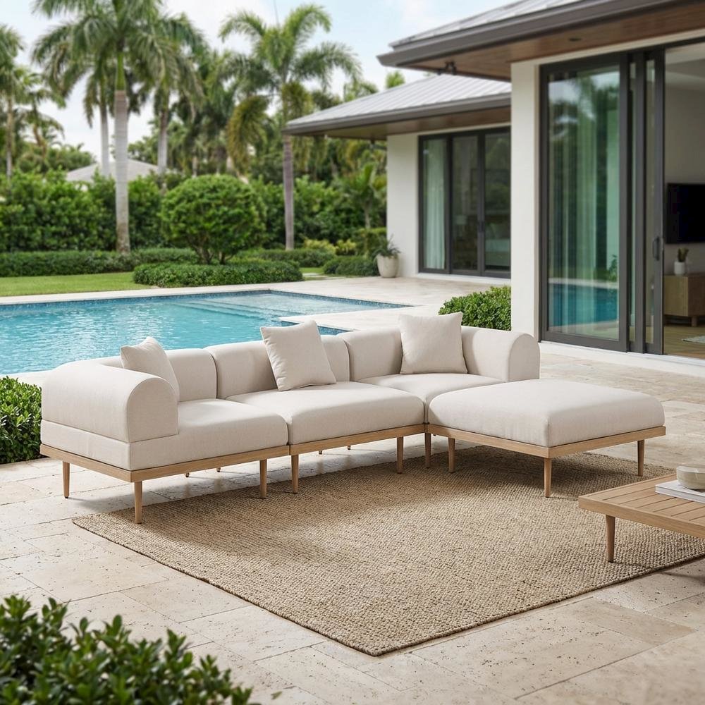 Beige Fabric Outdoor Sectional With Cushions And Contemporary Design. Picture 3