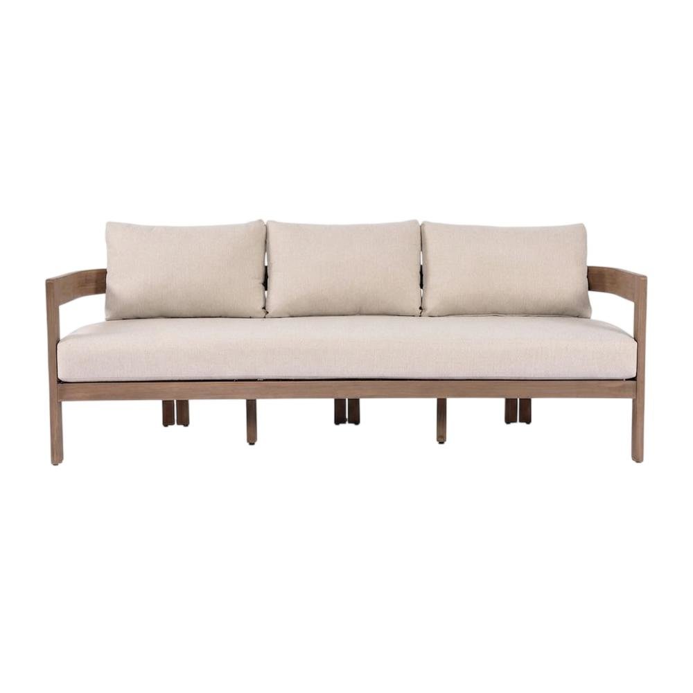 Beige Fabric Upholstered Outdoor Patio Sofa With Cushioned Seat And Pillow. Picture 4