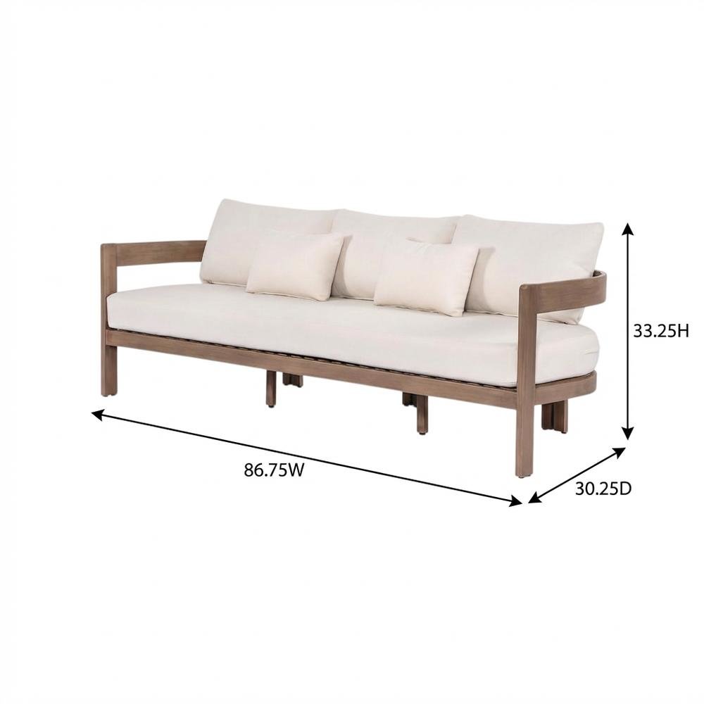 Cream Fabric Upholstered Outdoor Patio Sofa, Cushioned Seating. Picture 7