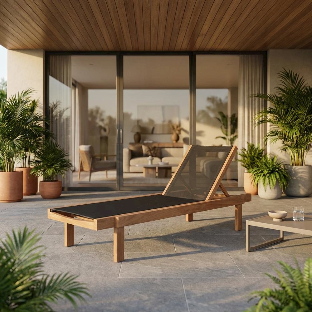 Outdoor Patio Lounger With Black Fabric, Contemporary Design, Teak Finish. Picture 2