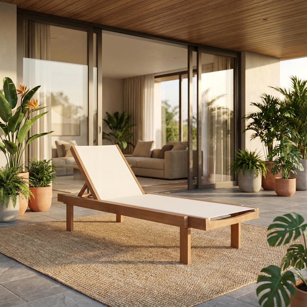 White Fabric Outdoor Lounge Chair With Teak Finish For Patio Relaxation. Picture 2