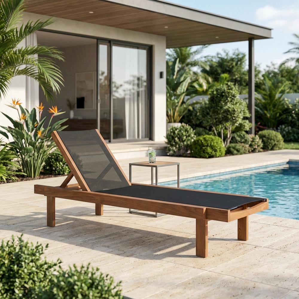 Outdoor Patio Lounger With Black Fabric, Contemporary Design, Teak Finish. Picture 3