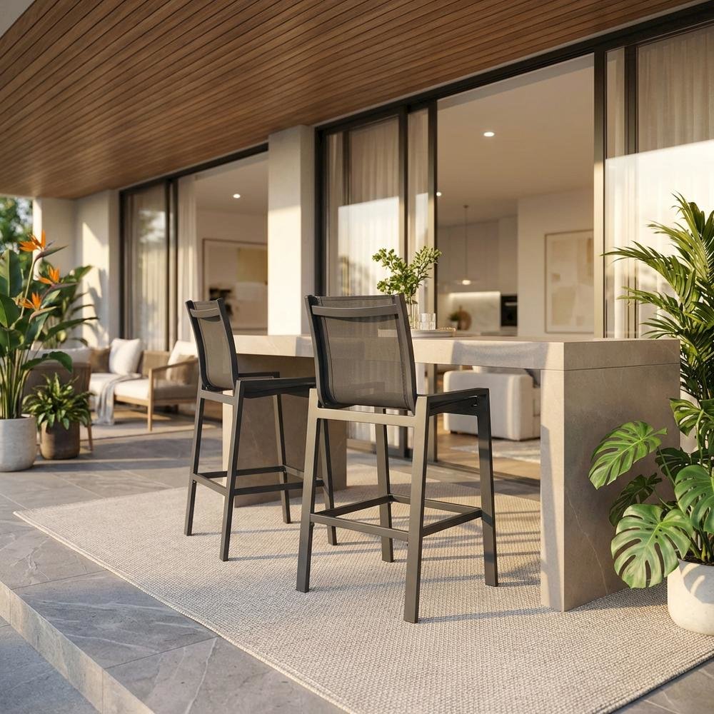 Contemporary Grey Outdoor Patio Barstool Set Of 2 With Cushioned Seats. Picture 2