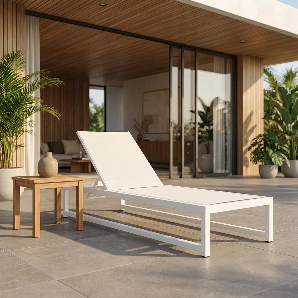 Cream Mesh Fabric Outdoor Sun Chaise Lounge, Adjustable Back, Contemporary Style. Picture 2