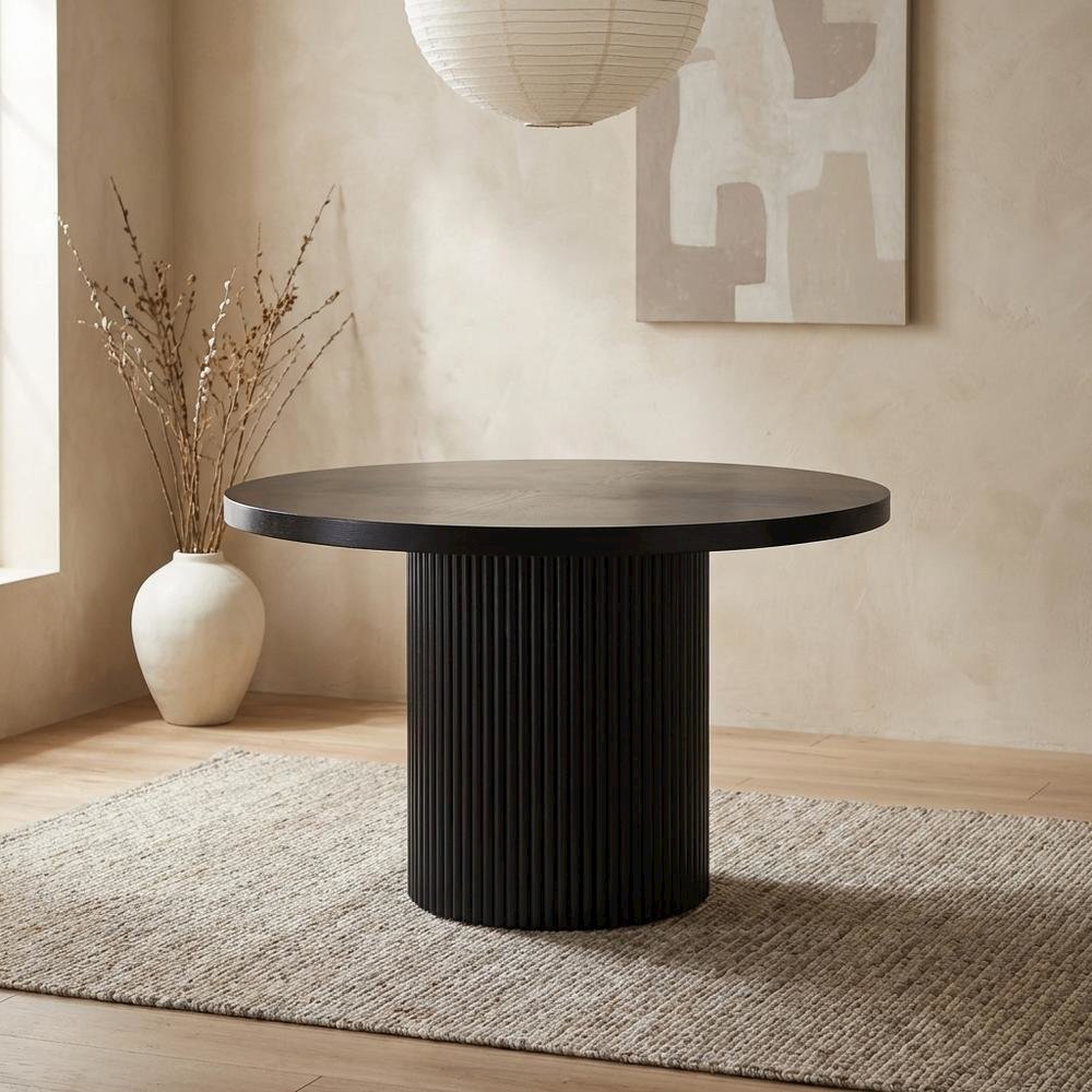 Black Round Oak Veneer Dining Table, Mid-Century Modern, Seats 4. Picture 2