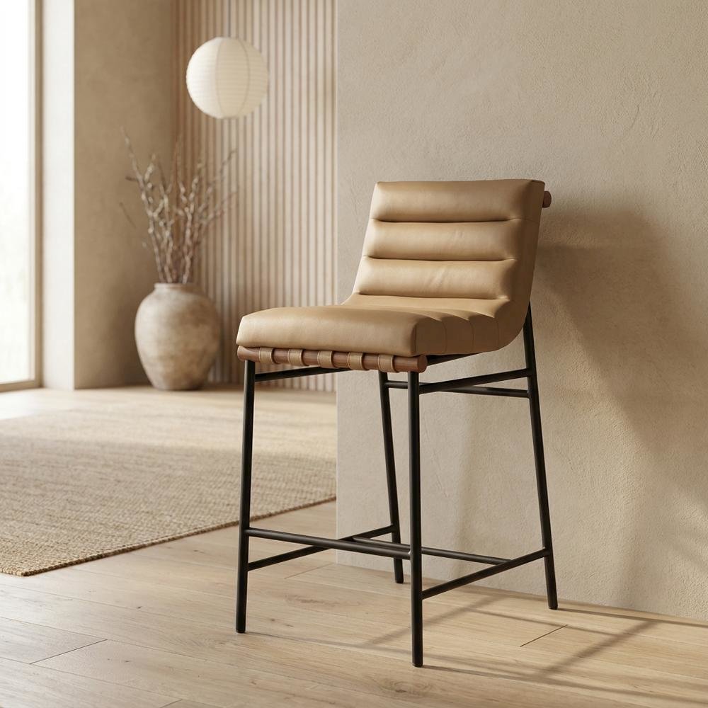 Vegan Leather & Boucle Counter Stool for Bar, Tan Vegan Leather. Picture 2