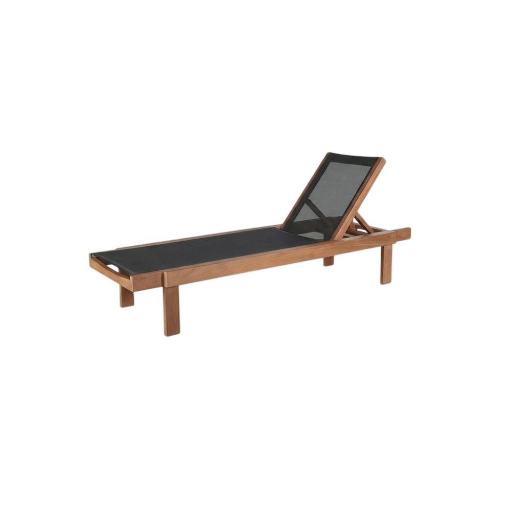 Outdoor Patio Lounger With Black Fabric, Contemporary Design, Teak Finish. Picture 1