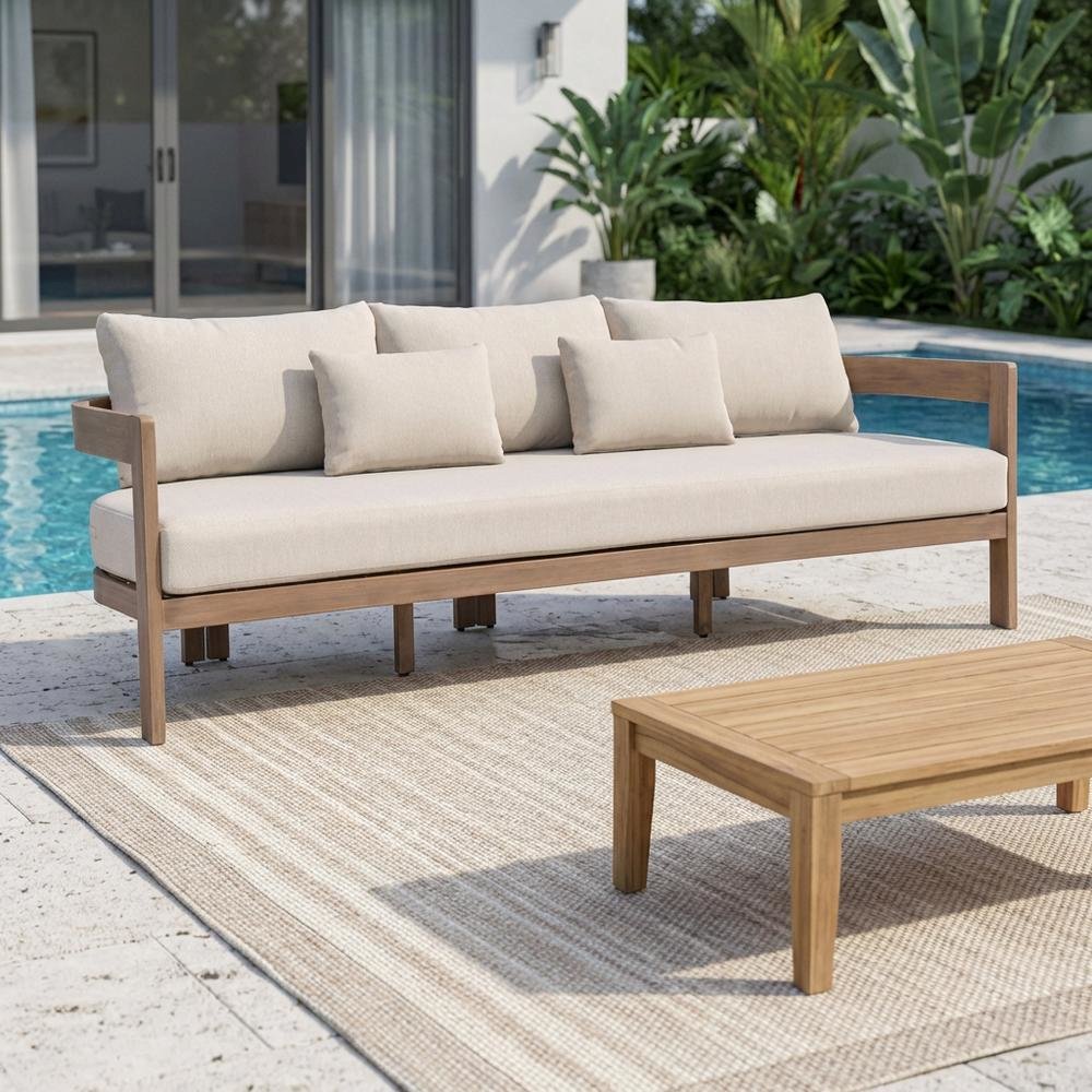 Beige Fabric Upholstered Outdoor Patio Sofa With Cushioned Seat And Pillow. Picture 3