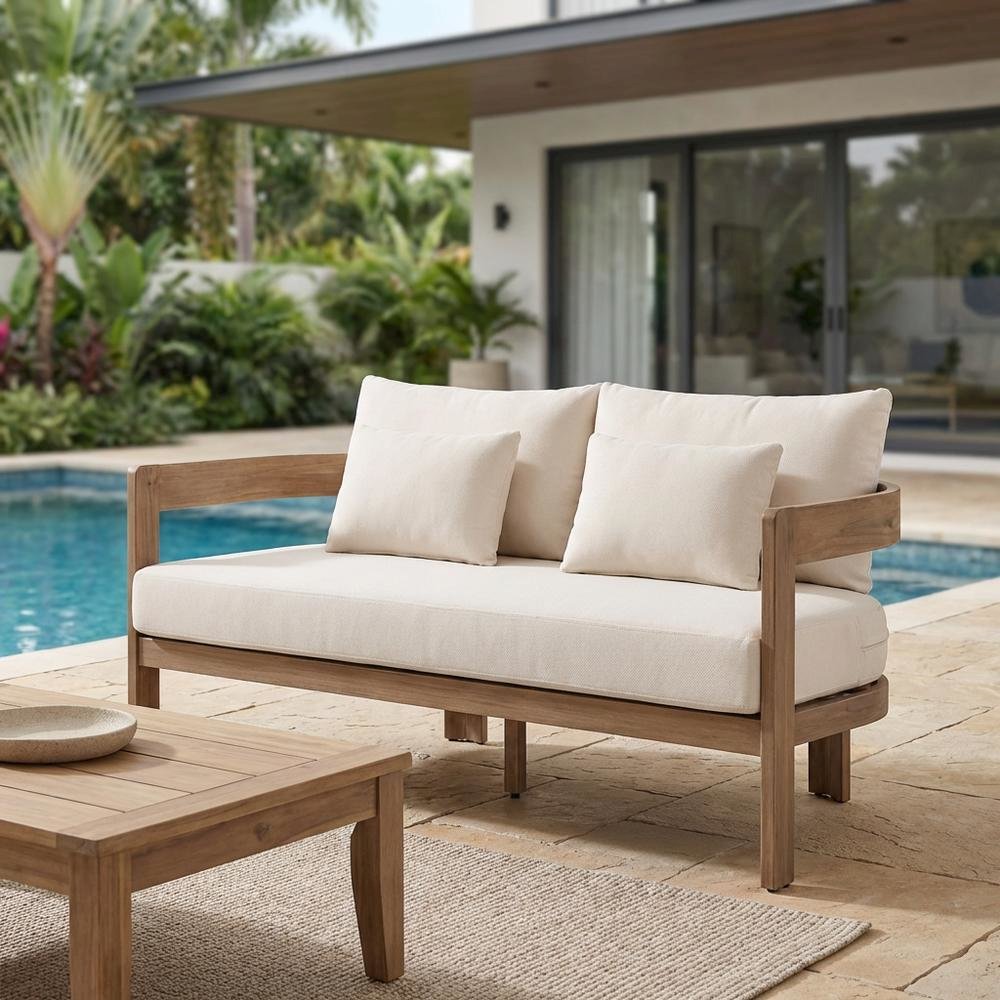 Cream Fabric Outdoor Loveseat with Cushioned Seat and Contemporary Style. Picture 3