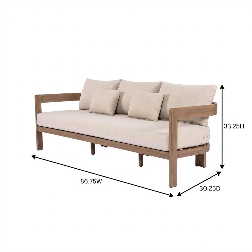Beige Fabric Upholstered Outdoor Patio Sofa With Cushioned Seat And Pillow. Picture 7