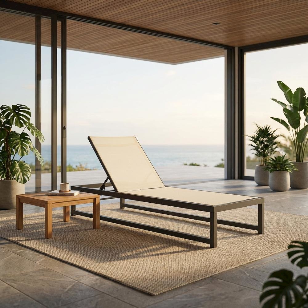 Cream Mesh Fabric Outdoor Chaise Lounge With Adjustable Back, Contemporary Style. Picture 2