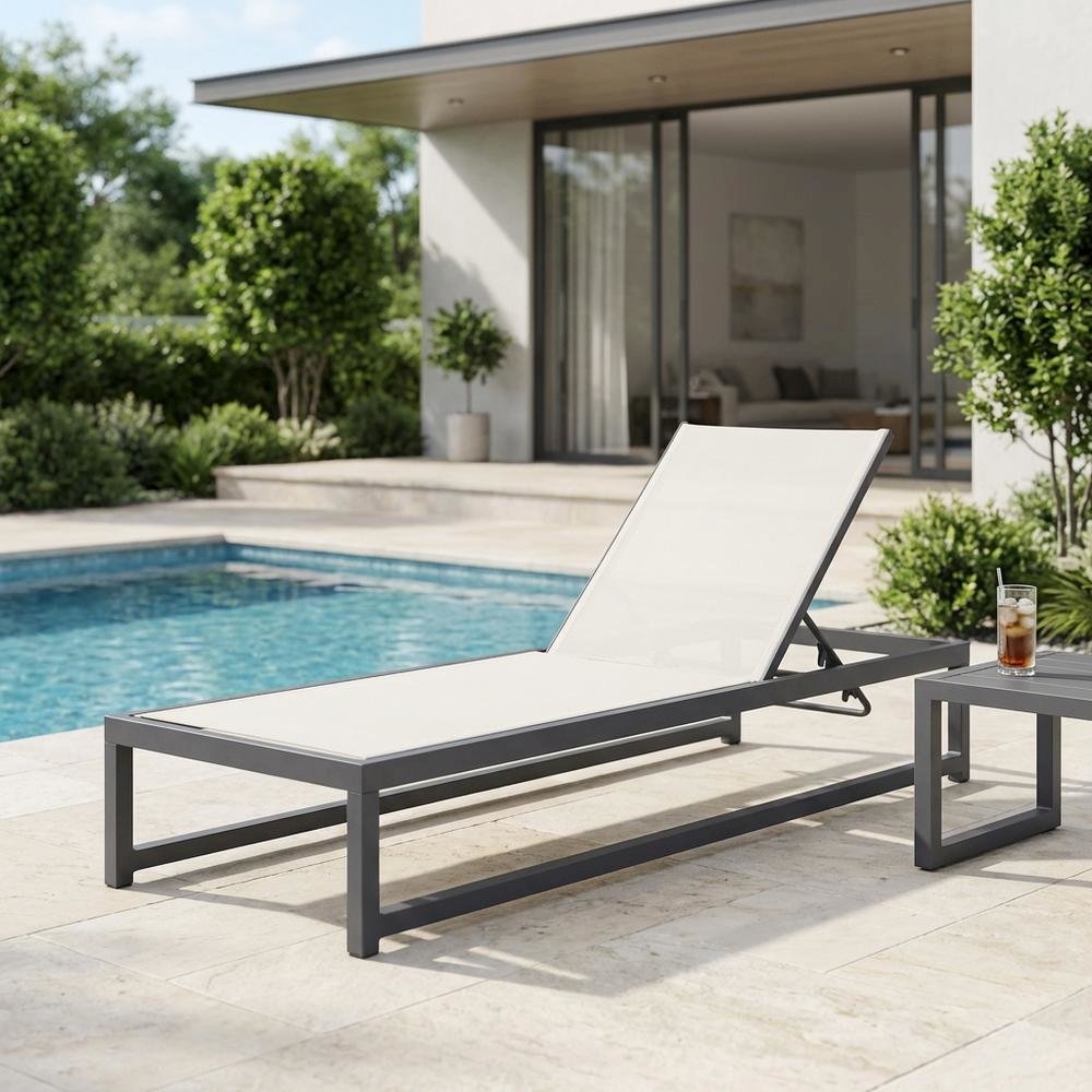 Cream Mesh Fabric Outdoor Chaise Lounge With Adjustable Back, Contemporary Style. Picture 3