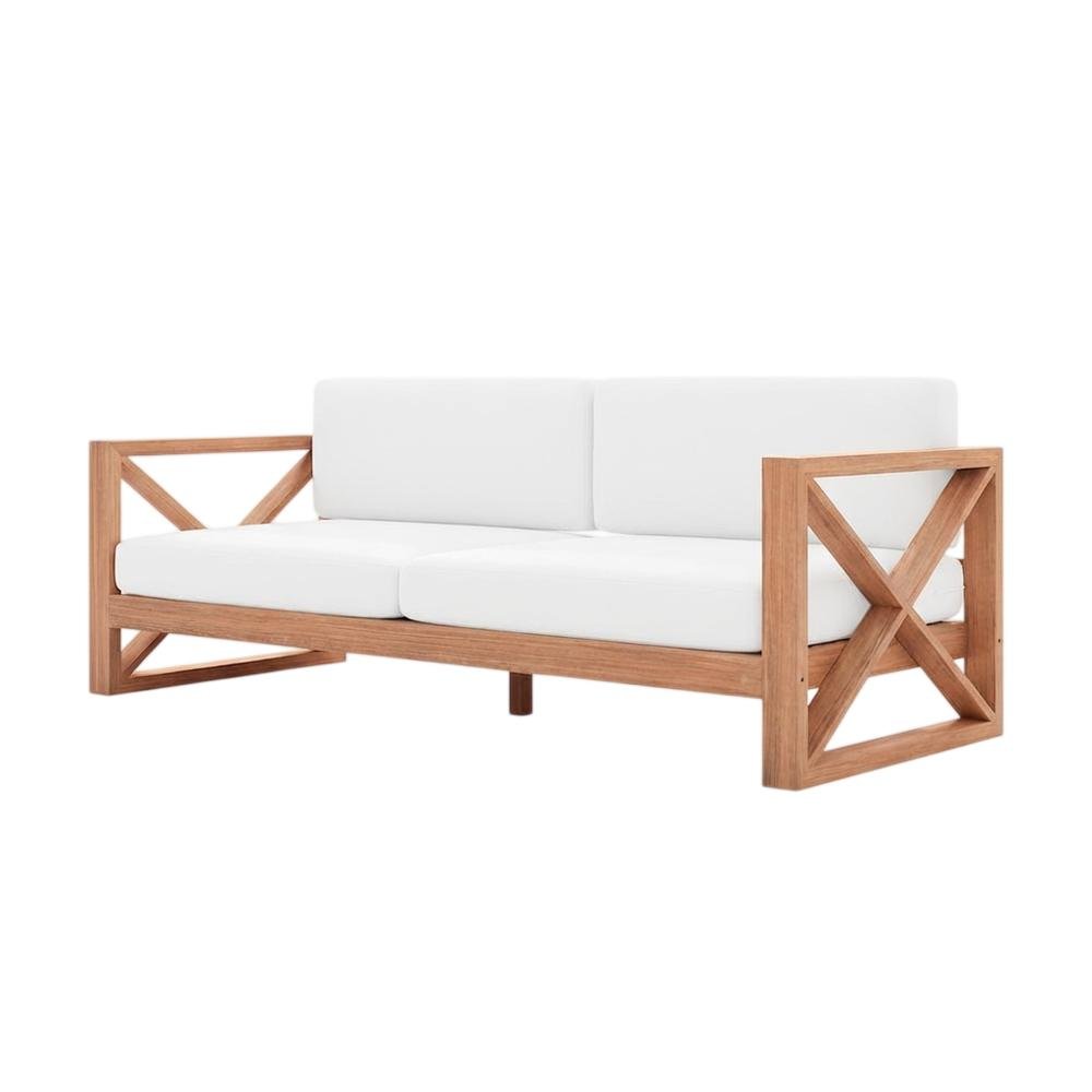 Contemporary White Fabric Outdoor Sofa With Teak Finish. Picture 1
