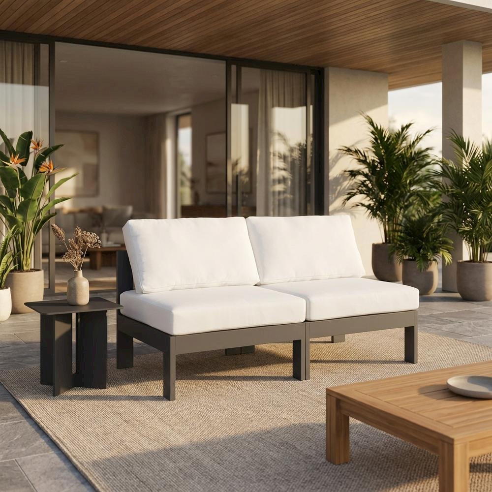 White Fabric Outdoor Patio Modular Sofa, Contemporary Style, Cushioned Seat. Picture 2